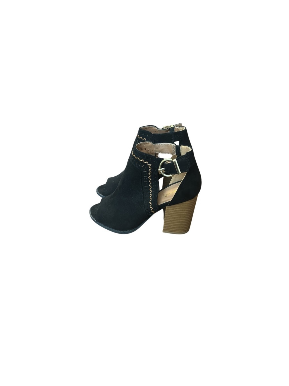 Black Open-Toe Block Heel Booties with Side Buckle